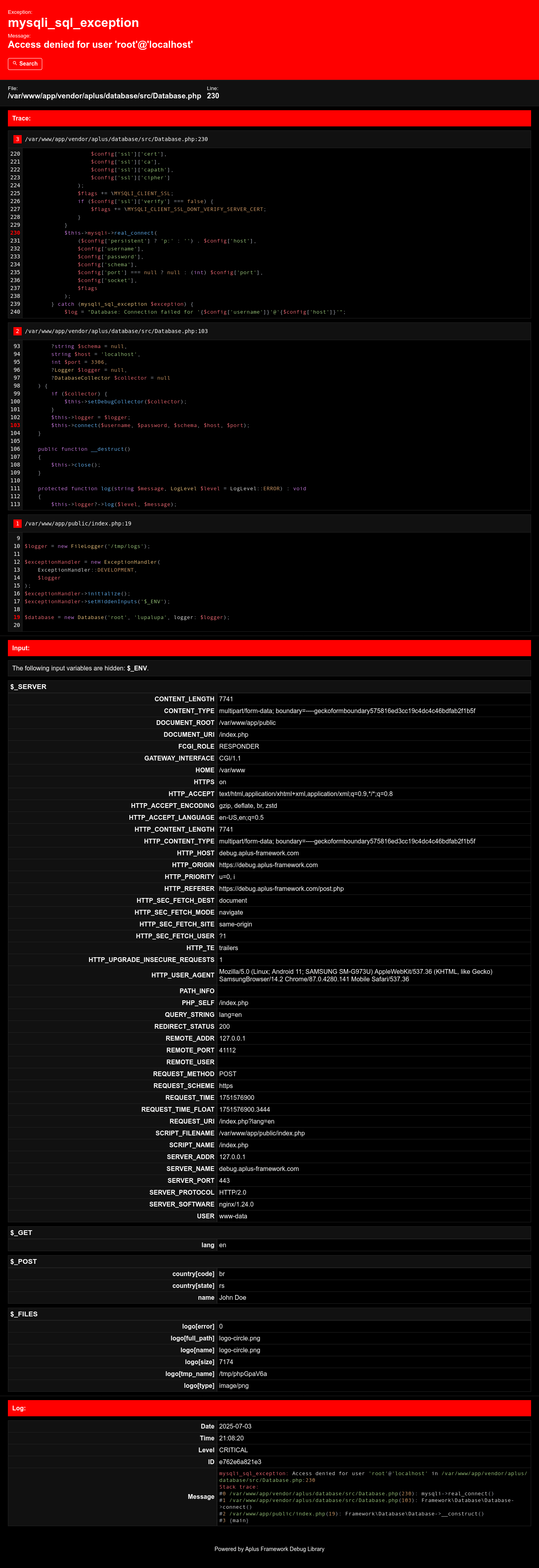 Aplus Debug - Exception Handler in Development